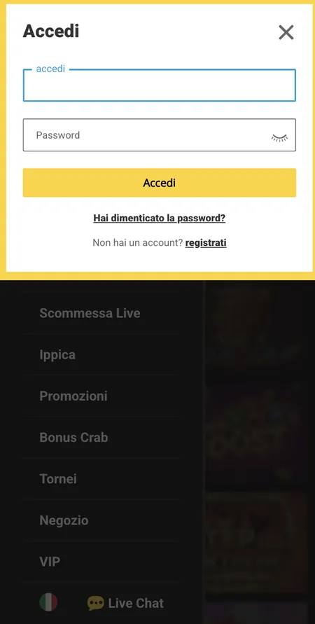 Schermata login Zet Casino con menu laterale