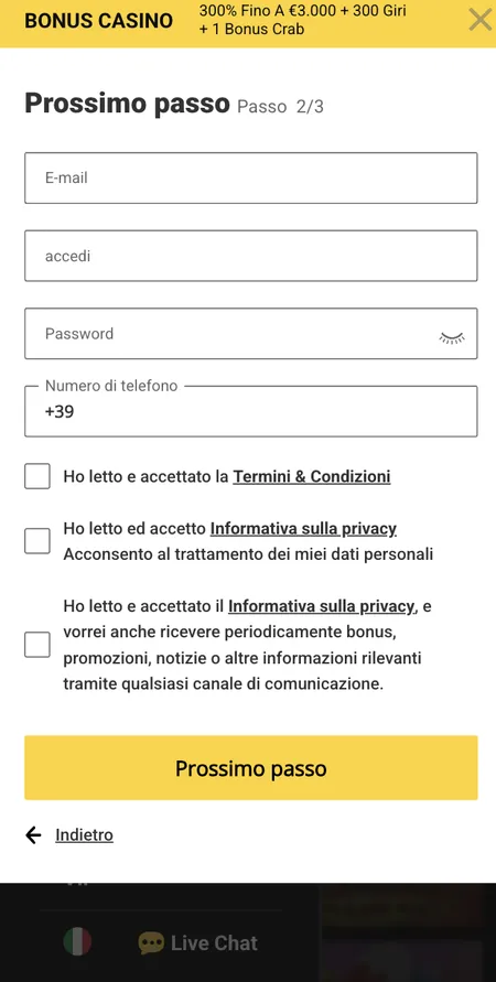 Schermata registrazione Zet Casino passo 2